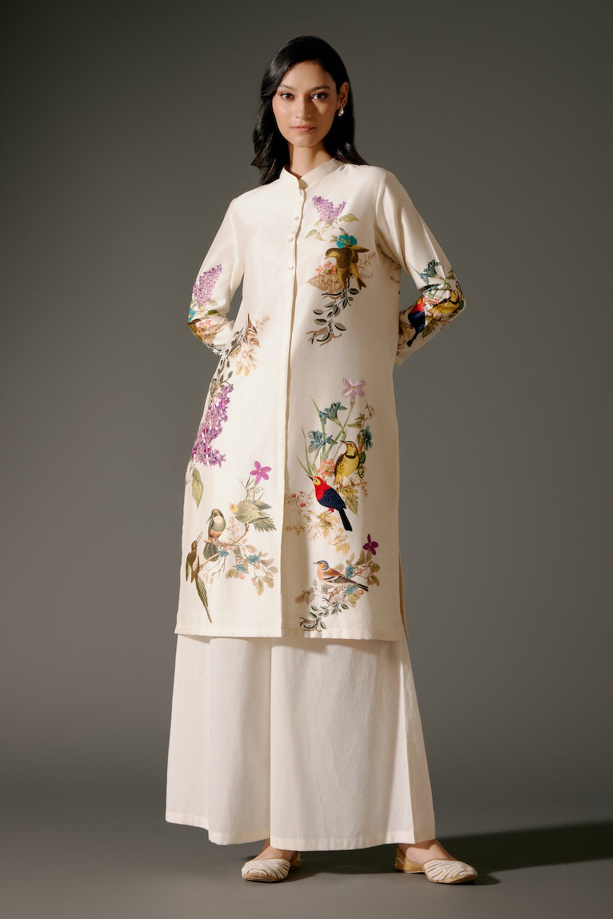 Ivory Chanderi Kurta Set With Embroidery & Volie Pant