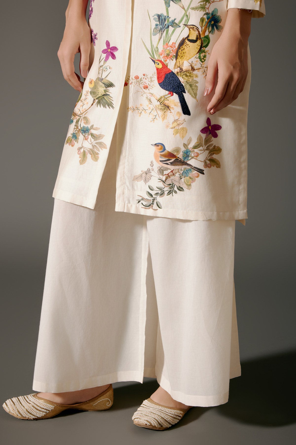 Ivory Chanderi Kurta Set With Embroidery & Volie Pant