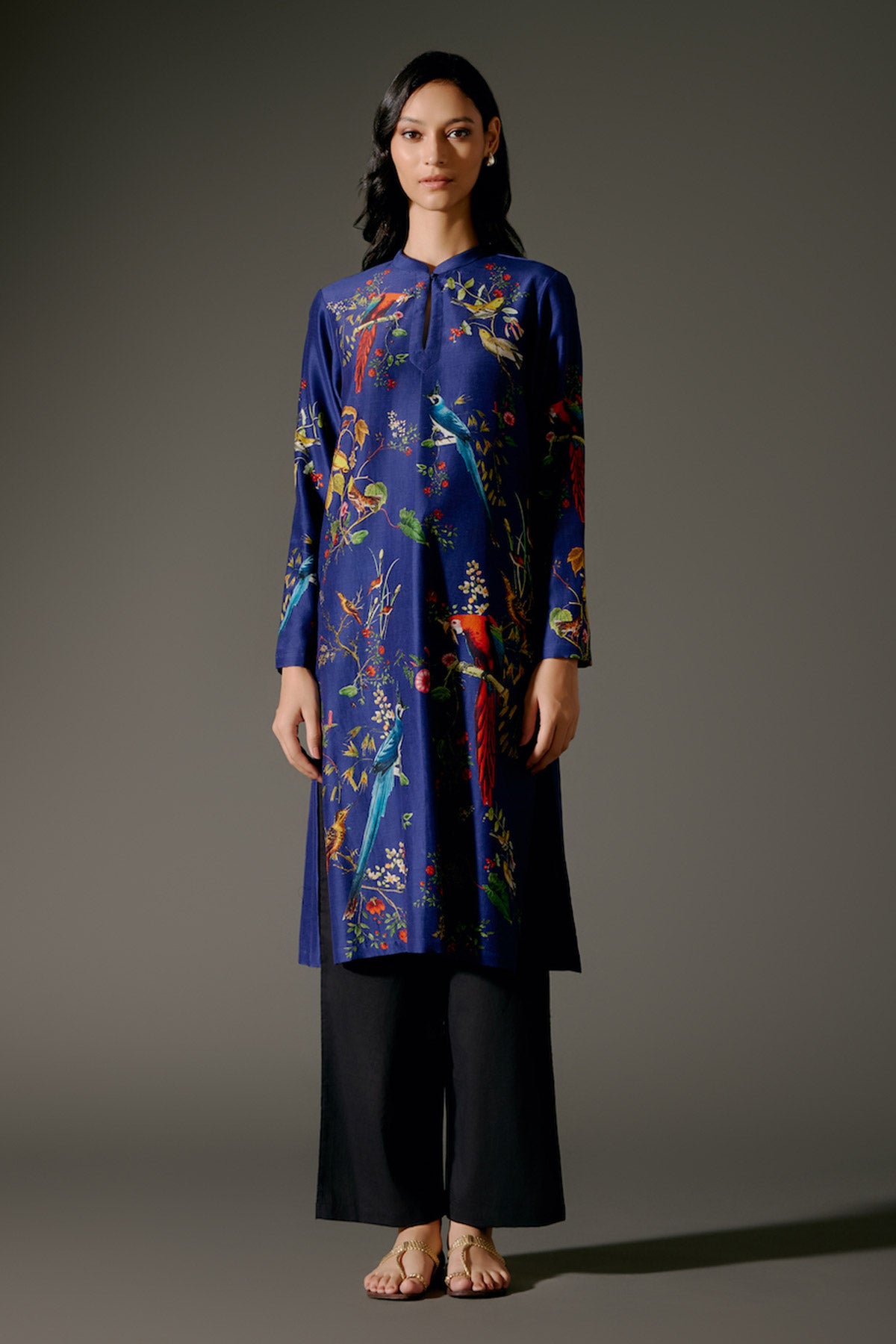 Indigo Chanderi Kurta Set With Digital Print & Embroidery & Volie Pant