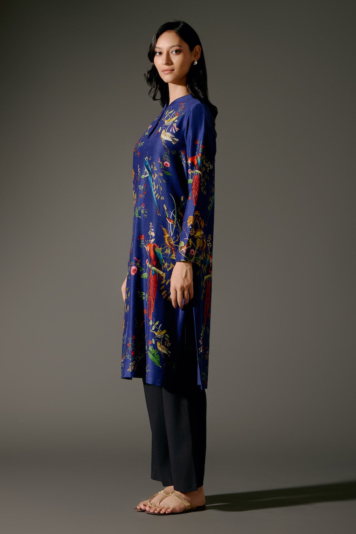 Indigo Chanderi Kurta Set With Digital Print & Embroidery & Volie Pant