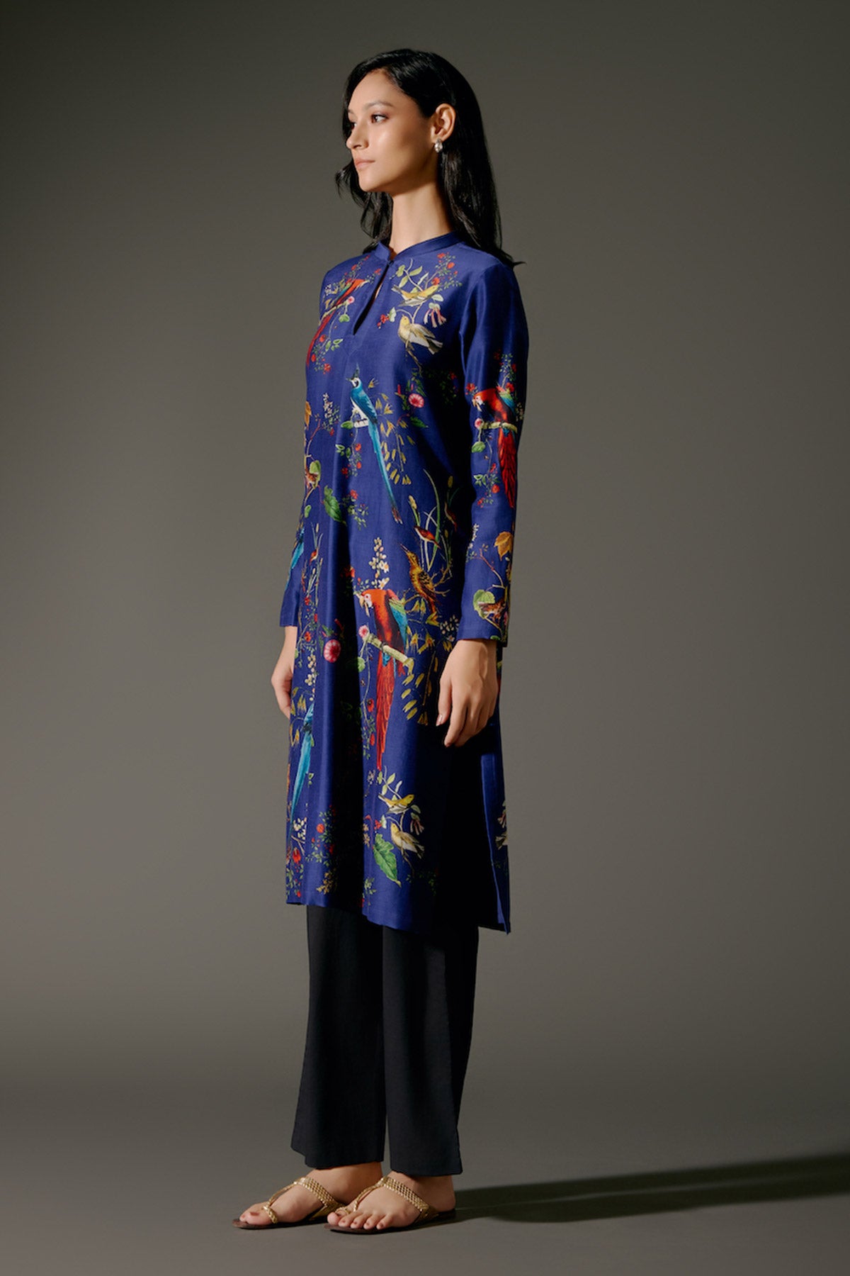 Indigo Chanderi Kurta Set With Digital Print & Embroidery & Volie Pant
