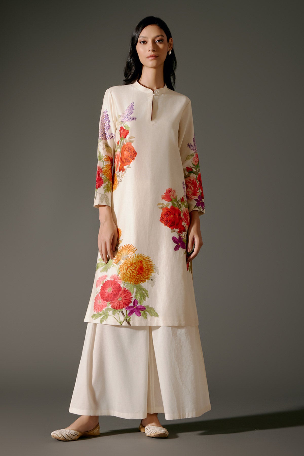Ivory Chanderi Kurta Set With Embroidery & Volie Pant