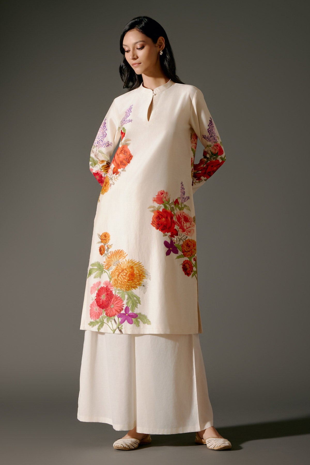 Ivory Chanderi Kurta Set With Embroidery & Volie Pant