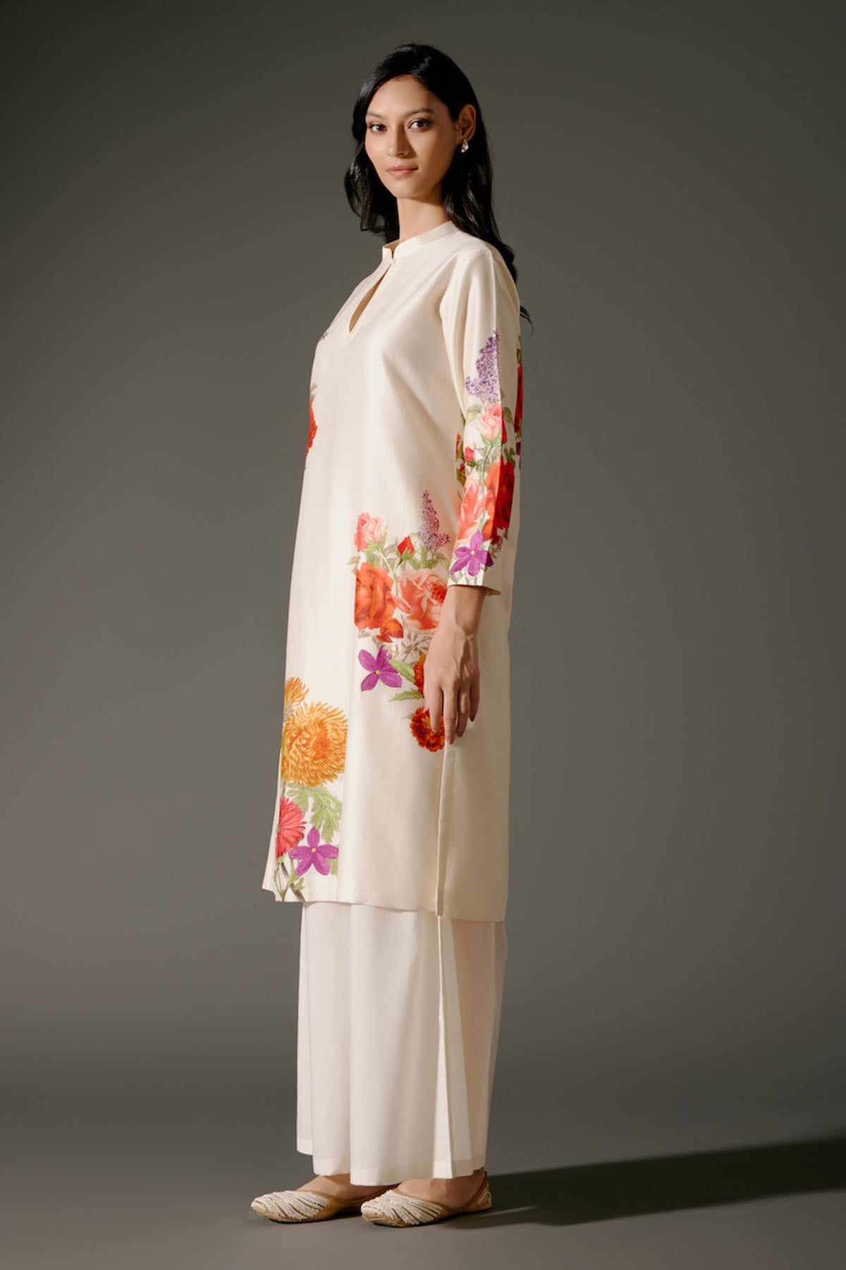 Ivory Chanderi Kurta Set With Embroidery & Volie Pant