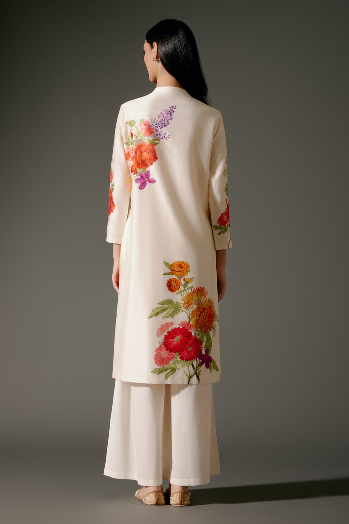 Ivory Chanderi Kurta Set With Embroidery & Volie Pant