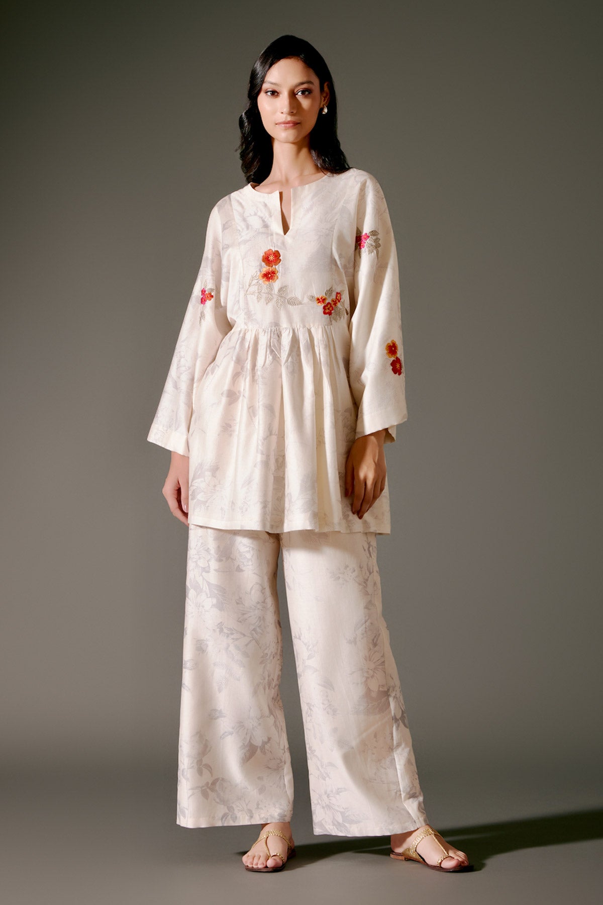 Ivory Peplum Chanderi Silk Tunic Set With Embroidery