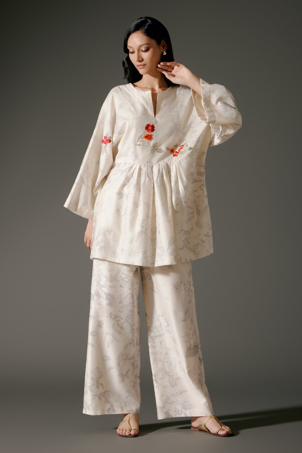 Ivory Peplum Chanderi Silk Tunic Set With Embroidery