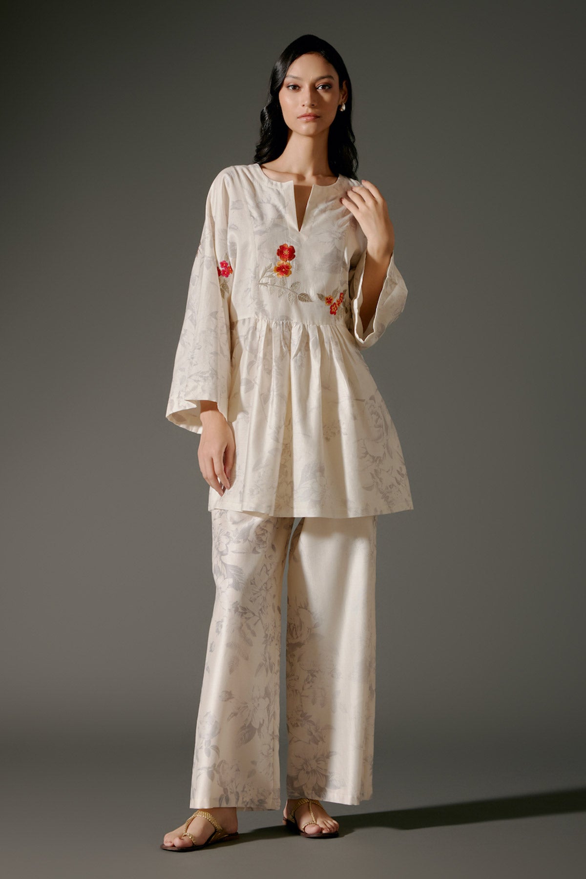 Ivory Peplum Chanderi Silk Tunic Set With Embroidery