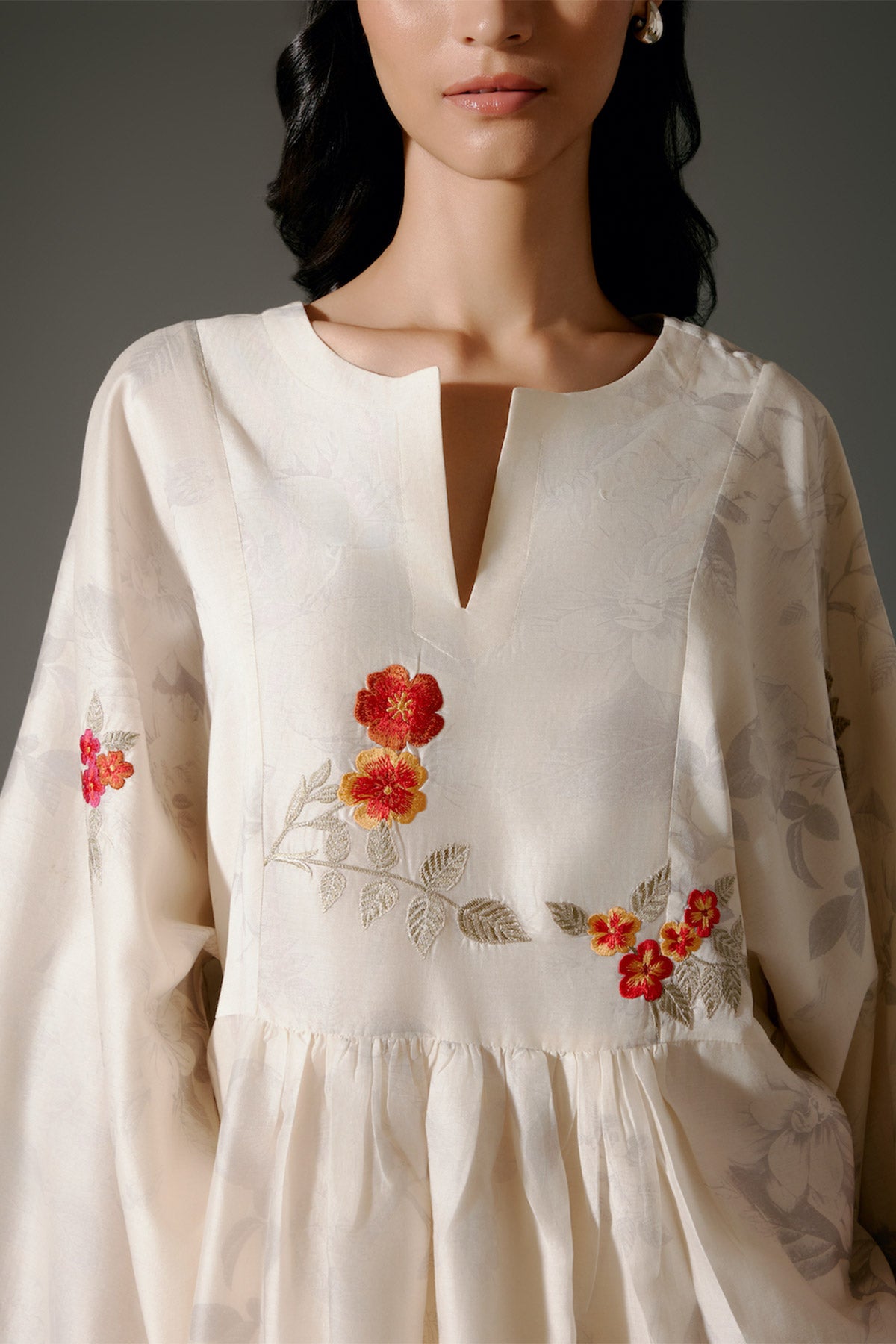 Ivory Peplum Chanderi Silk Tunic Set With Embroidery