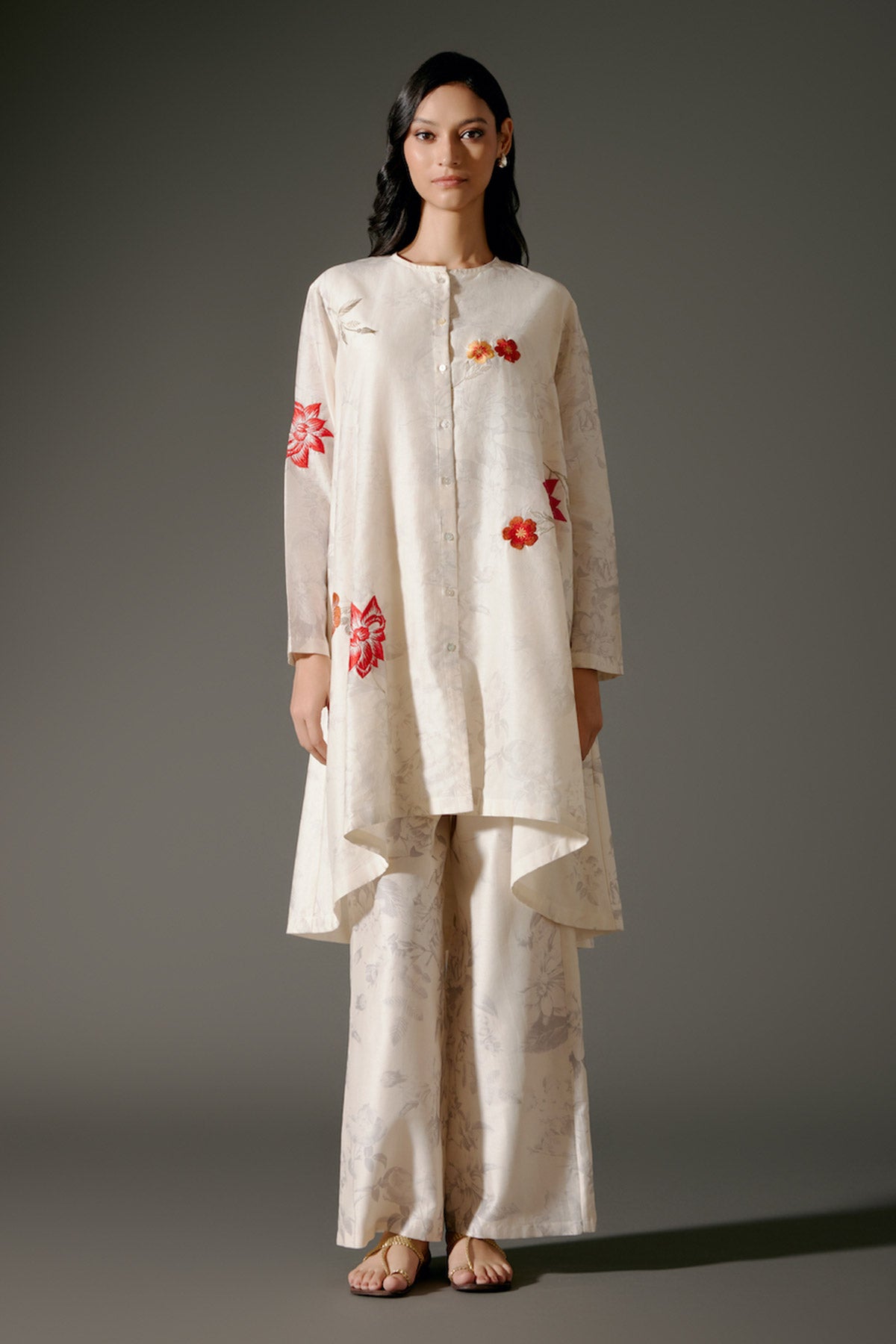 Ivory Flared Chanderi Silk Tunic Set with Embroidery