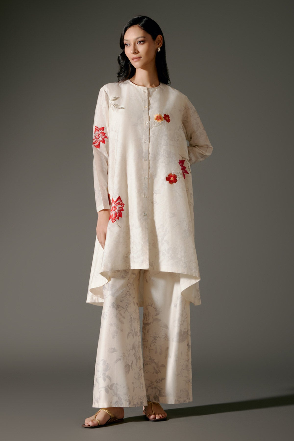 Ivory Flared Chanderi Silk Tunic Set with Embroidery