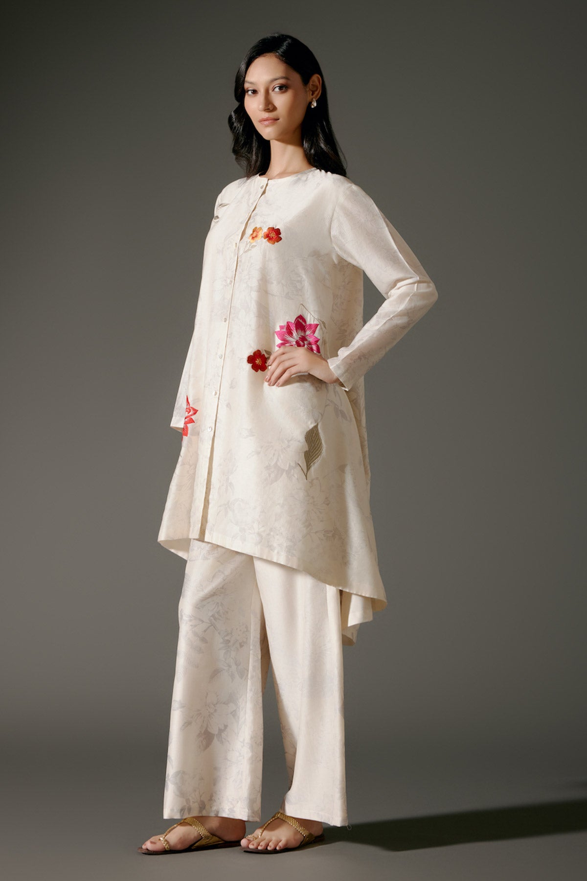 Ivory Flared Chanderi Silk Tunic Set with Embroidery