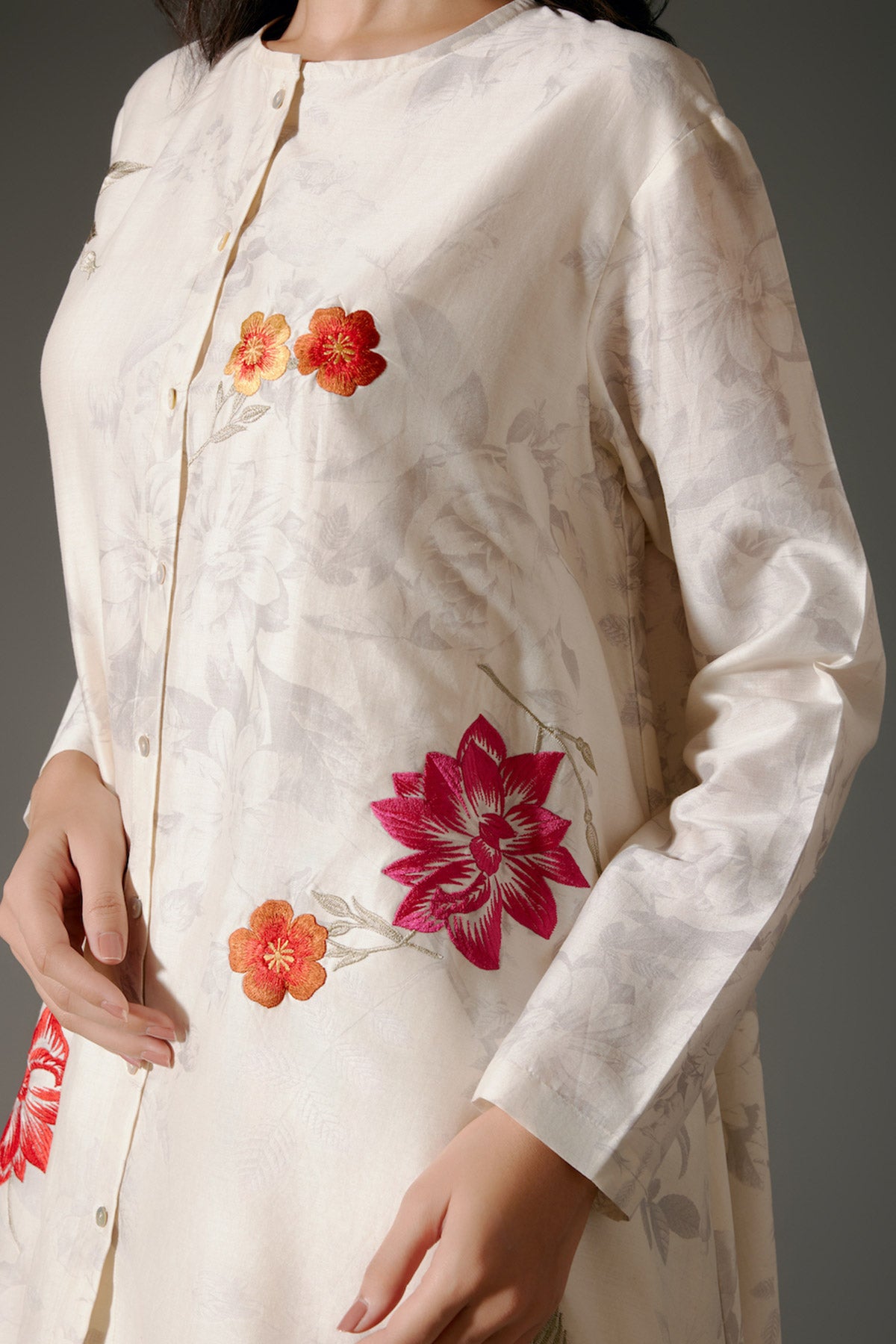 Ivory Flared Chanderi Silk Tunic Set with Embroidery