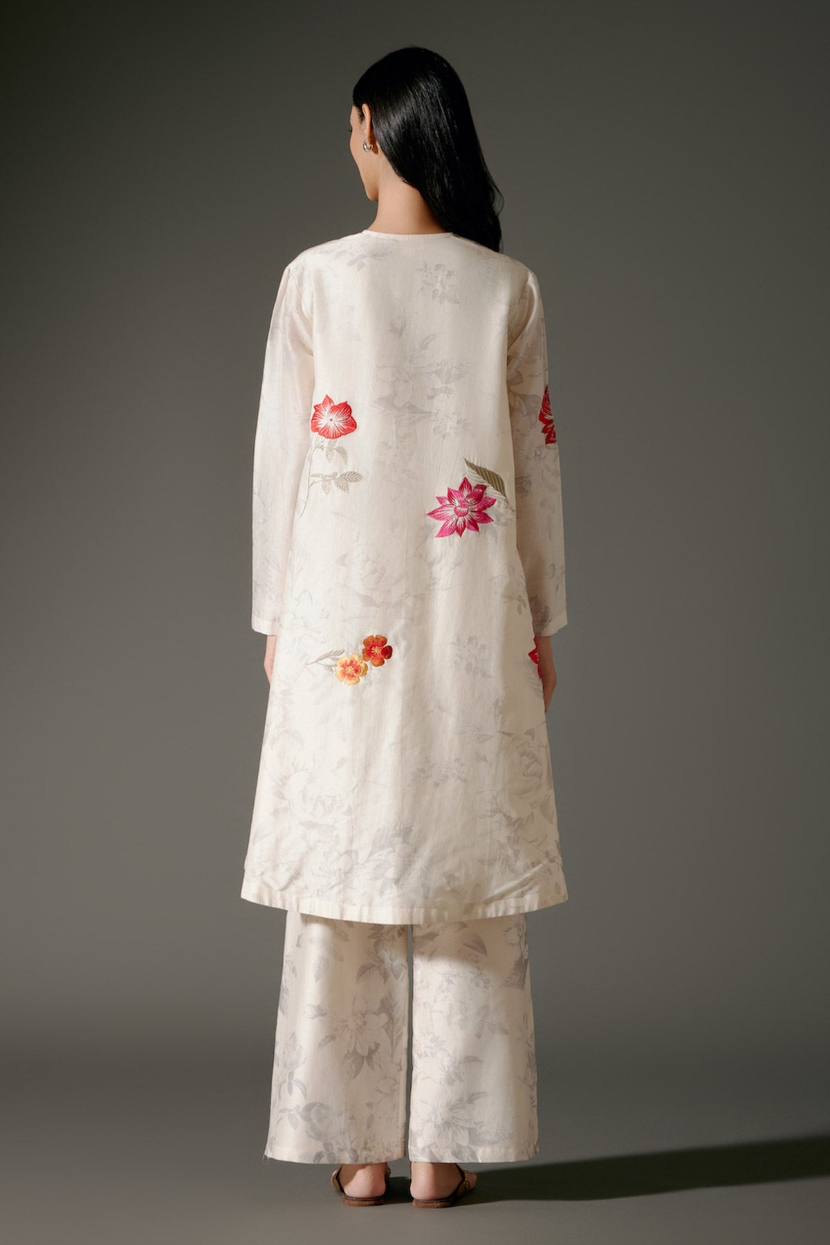 Ivory Flared Chanderi Silk Tunic Set with Embroidery