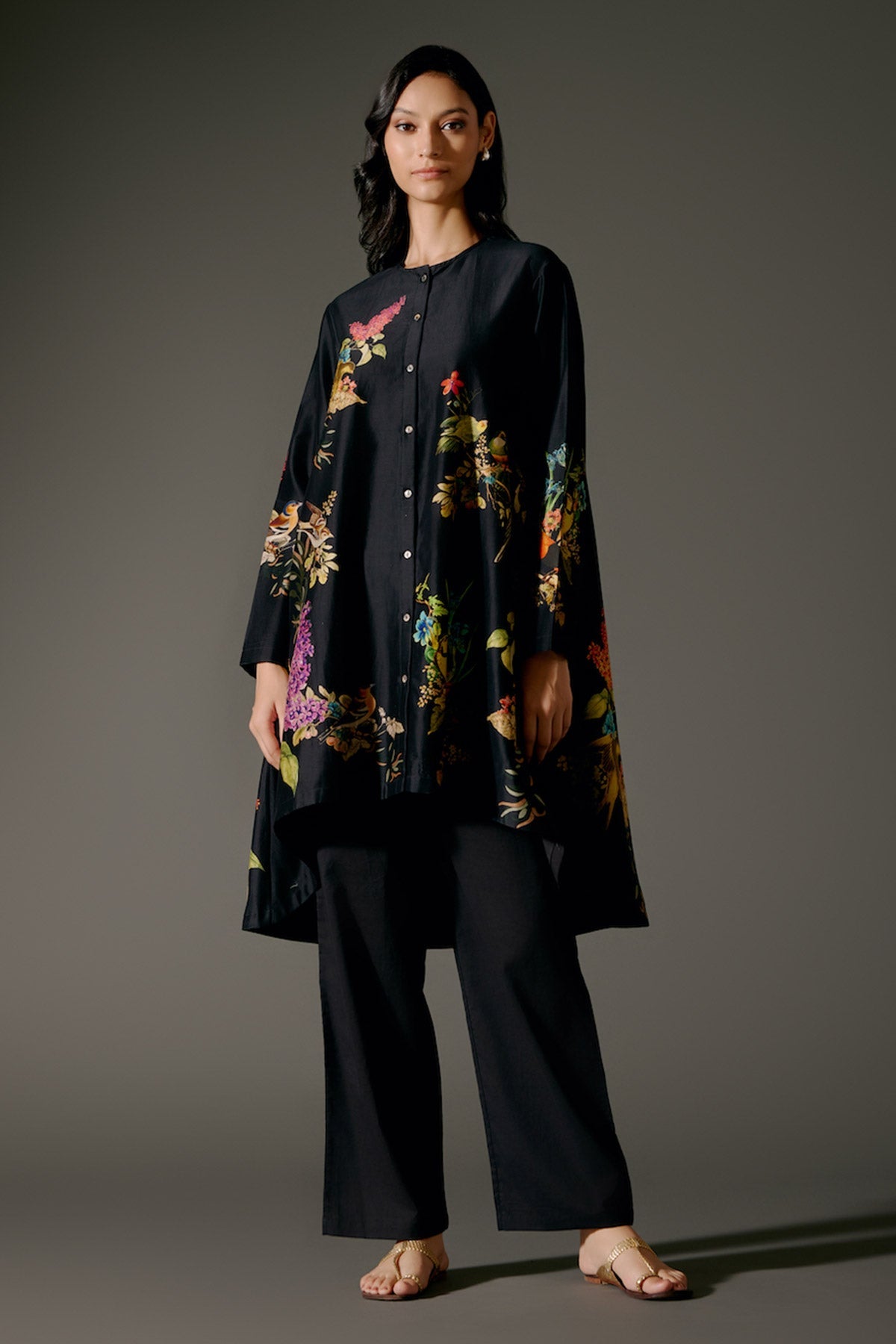 Black Flared Chanderi Silk Tunic Set with Embroidery & Volie Pant-RTS