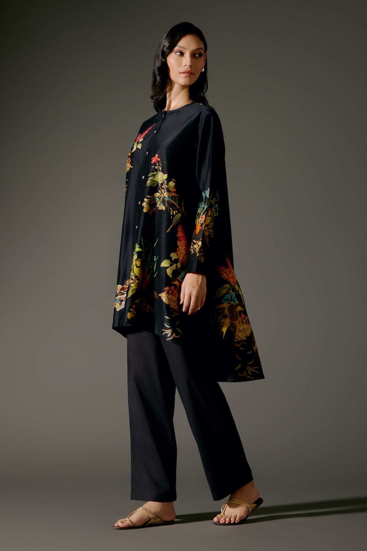 Black Flared Chanderi Silk Tunic Set with Embroidery & Volie Pant-RTS