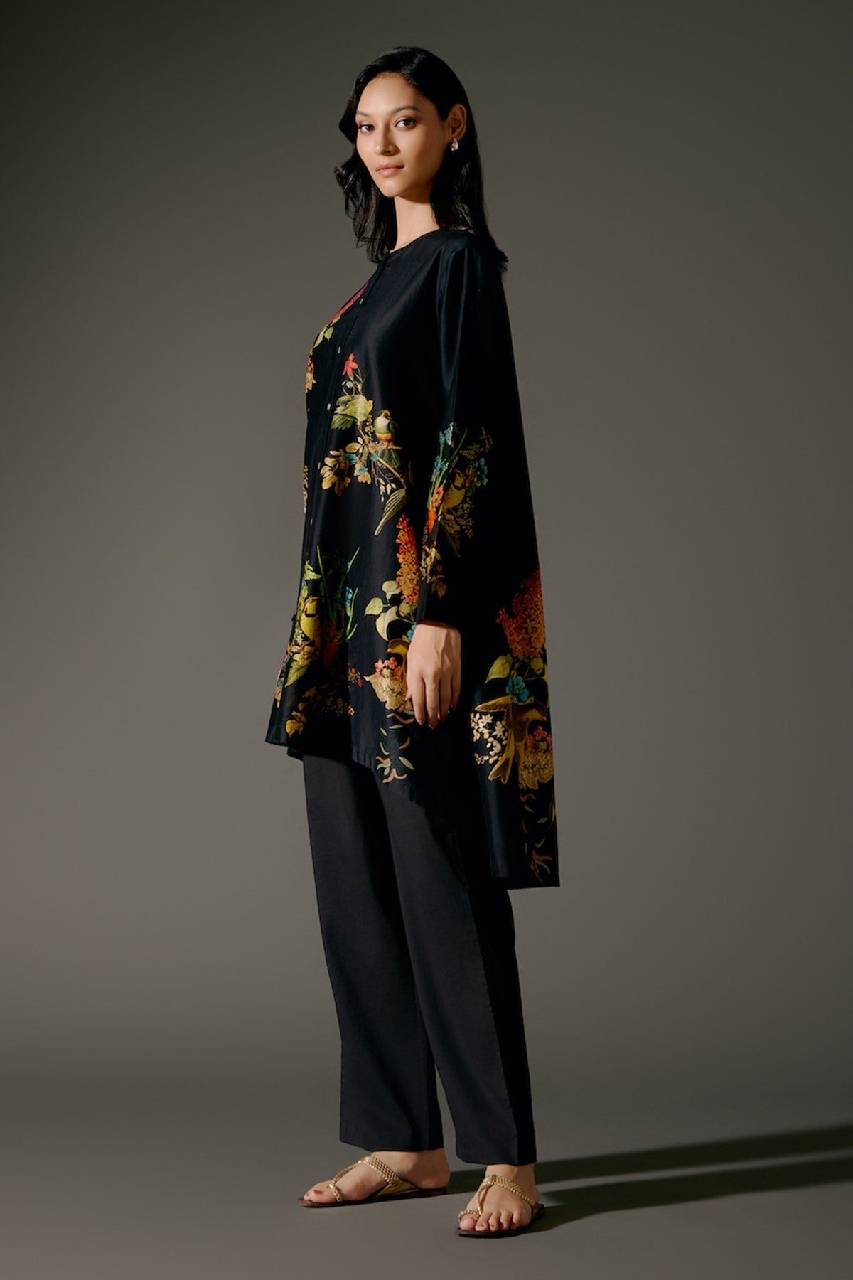 Black Flared Chanderi Silk Tunic Set with Embroidery & Volie Pant-RTS