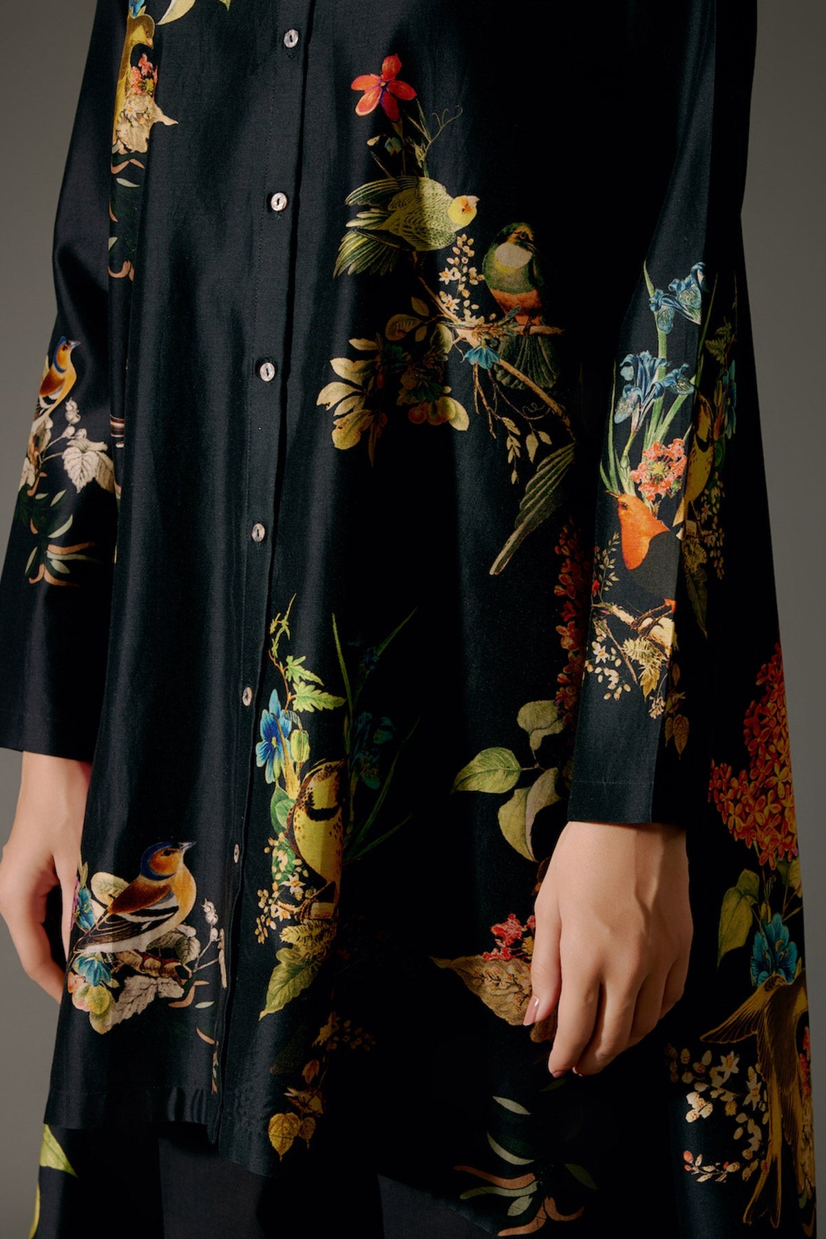 Black Flared Chanderi Silk Tunic Set with Embroidery & Volie Pant-RTS