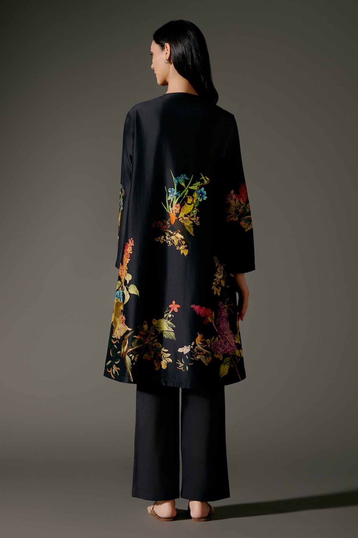 Black Flared Chanderi Silk Tunic Set with Embroidery & Volie Pant