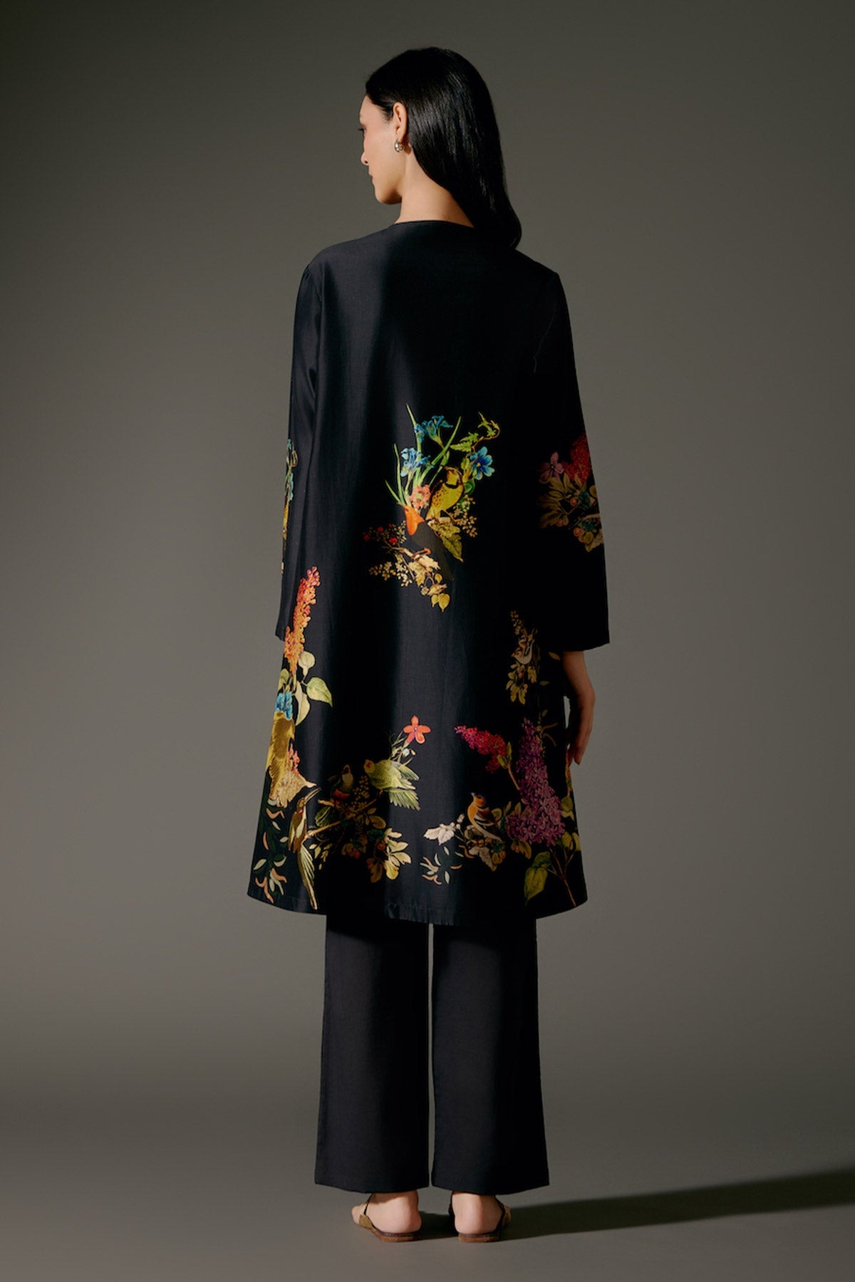 Black Flared Chanderi Silk Tunic Set with Embroidery & Volie Pant-RTS