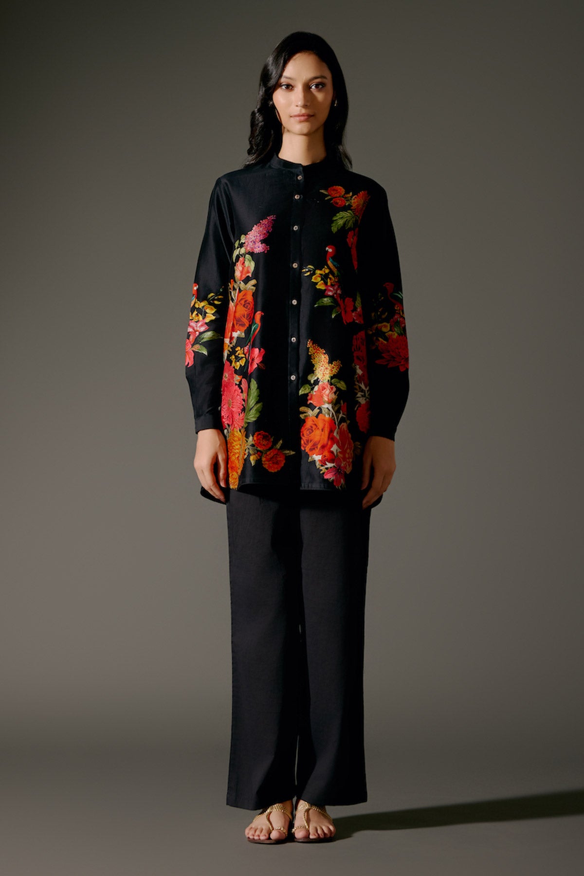 Black Printed Chanderi Silk Tunic Set With Detailing & Volie Pant