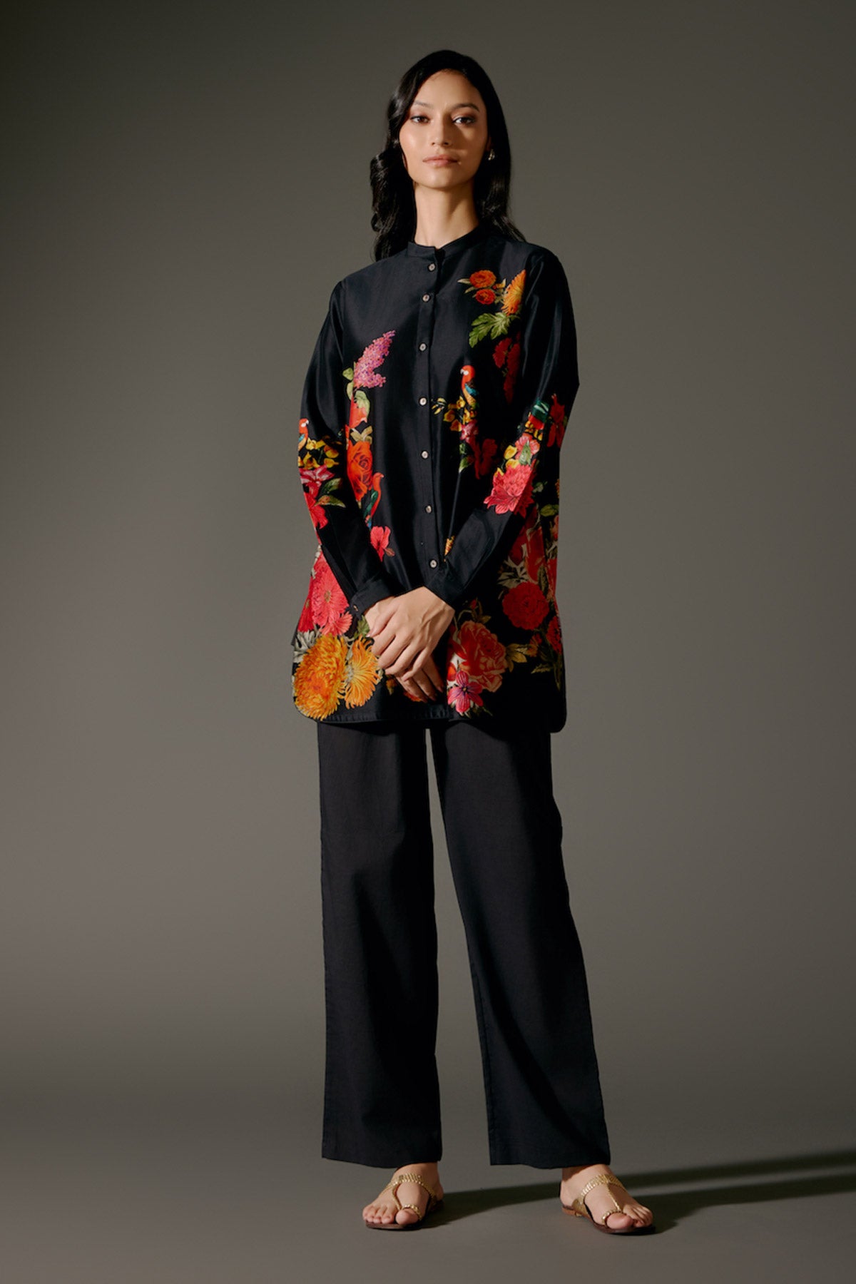 Black Printed Chanderi Silk Tunic Set With Detailing & Volie Pant