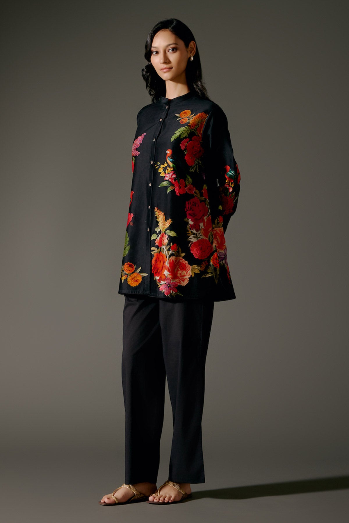 Black Printed Chanderi Silk Tunic Set With Detailing & Volie Pant