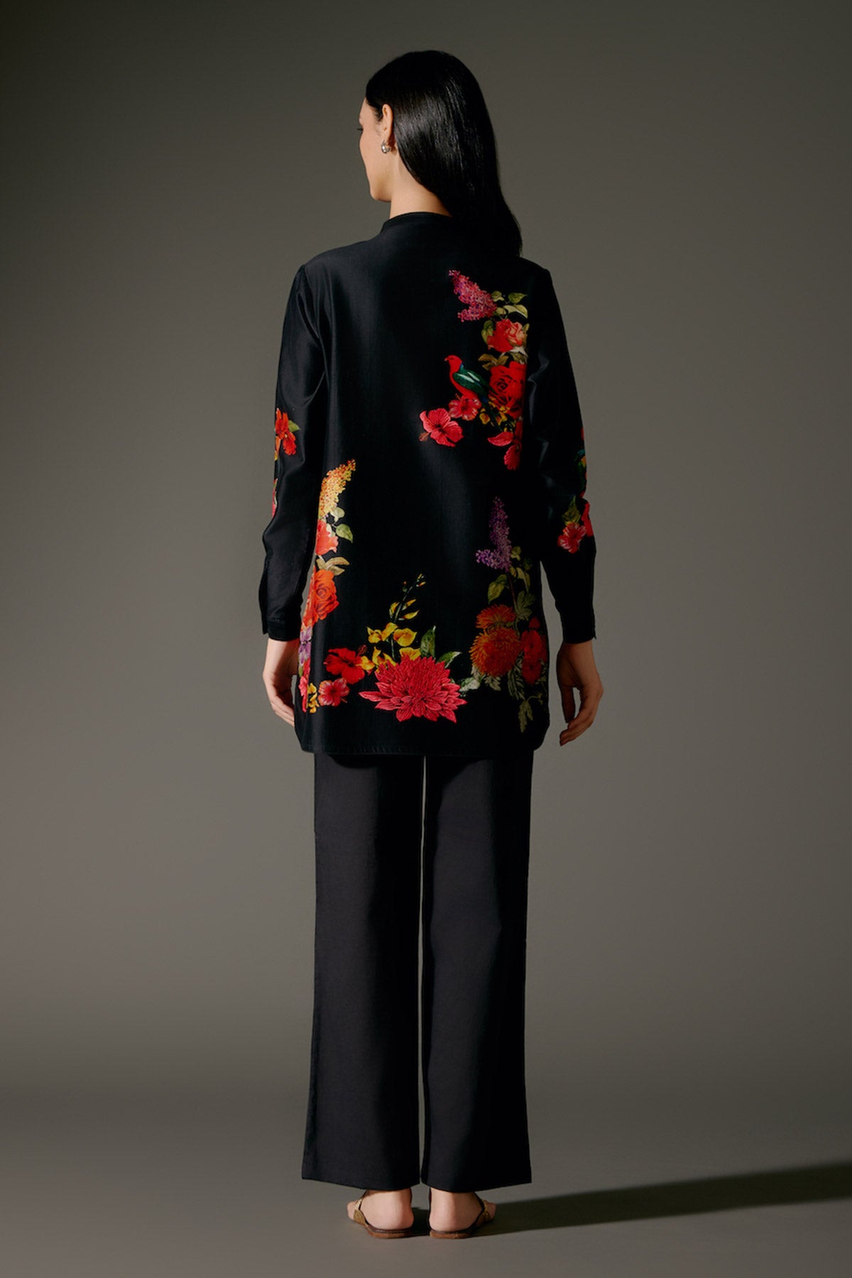 Black Printed Chanderi Silk Tunic Set With Detailing & Volie Pant
