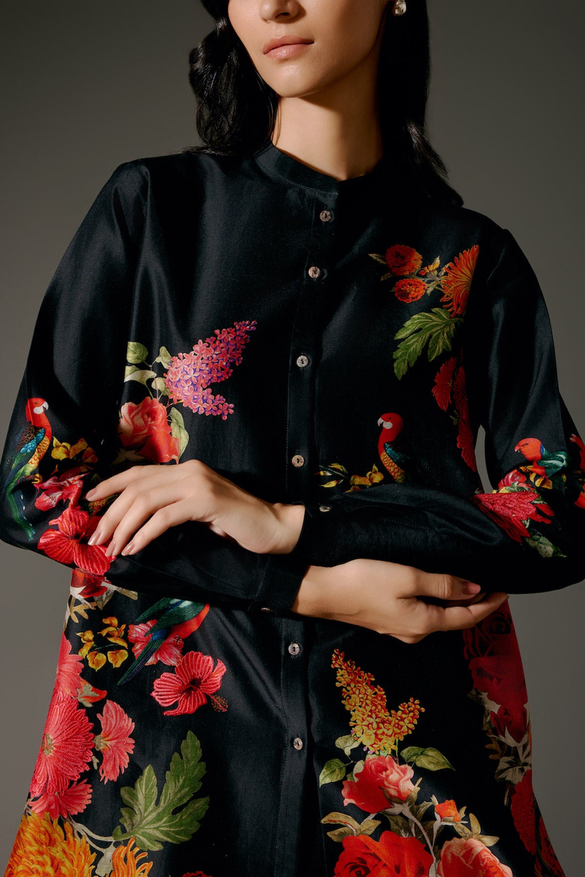 Black Printed Chanderi Silk Tunic Set With Detailing & Volie Pant