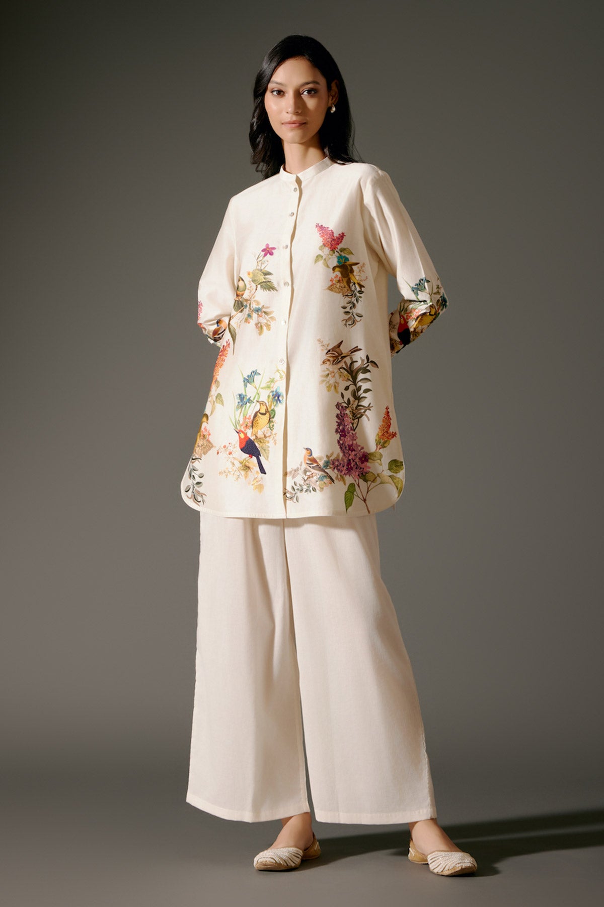 Ivory Printed Chanderi Silk Tunic Set Floral Abstract Design & Volie Pant