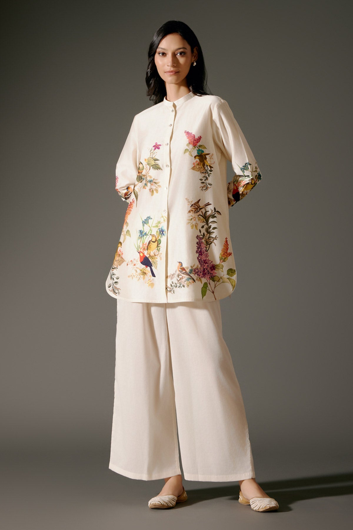 Ivory Printed Chanderi Silk Tunic Set Floral Abstract Design & Volie Pant-RTS