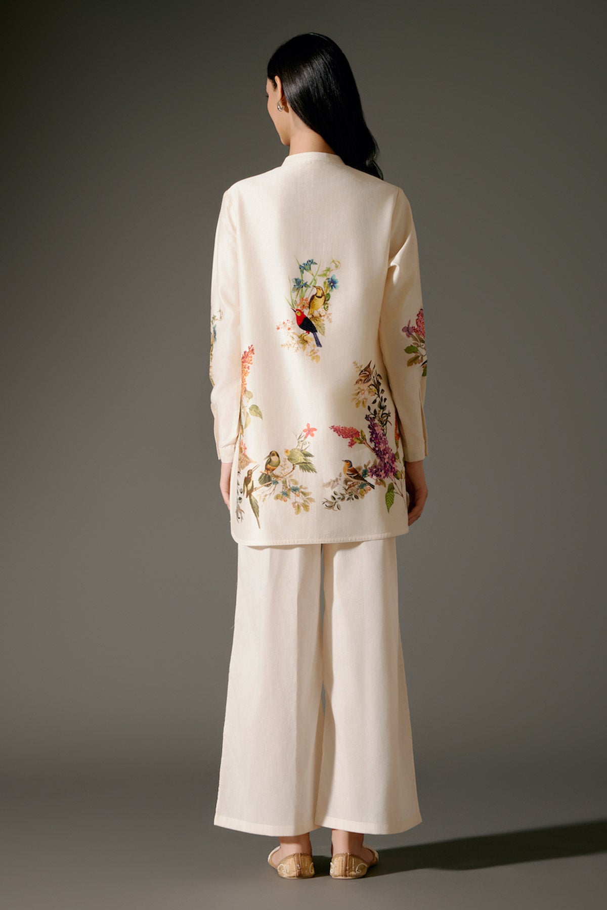 Ivory Printed Chanderi Silk Tunic Set Floral Abstract Design & Volie Pant-RTS