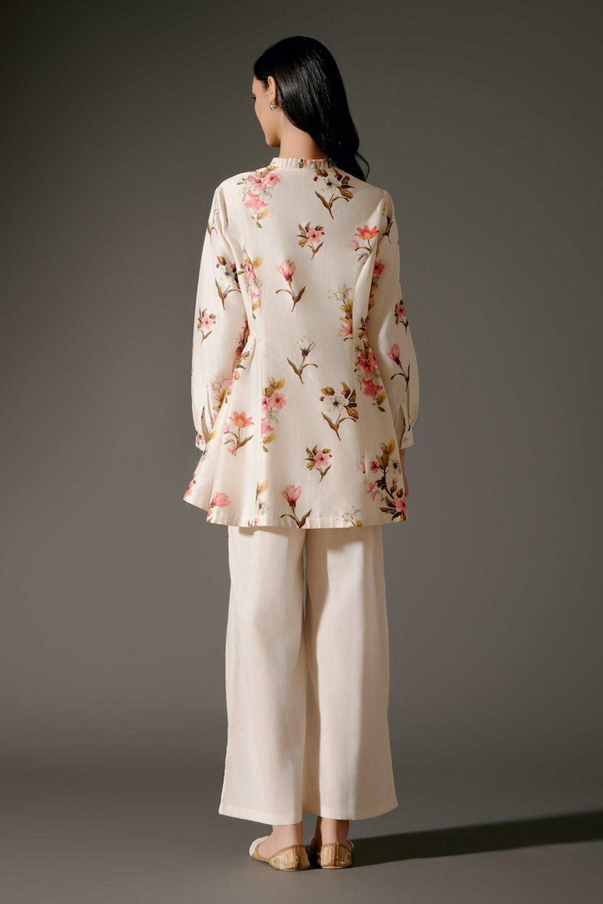 Ivory Printed Chanderi Silk Tunic Set Floral Abstract Design & Volie Palazzo-RTS