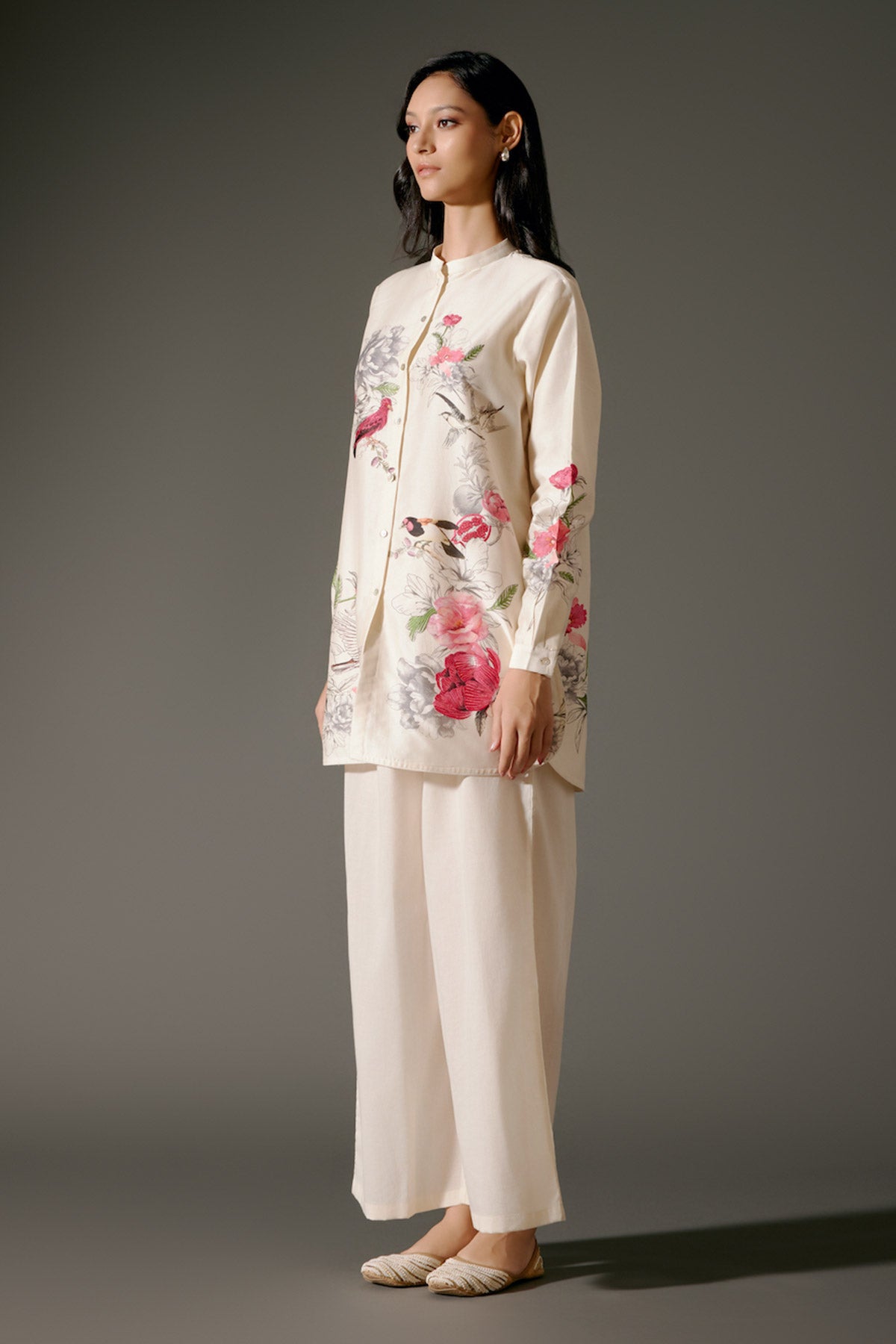 Ivory Printed Chanderi Silk Tunic Set With Embroidery & Volie Palazzo-RTS