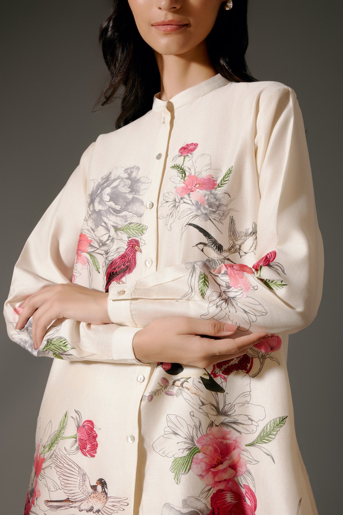 Ivory Printed Chanderi Silk Tunic Set With Embroidery & Volie Palazzo-RTS