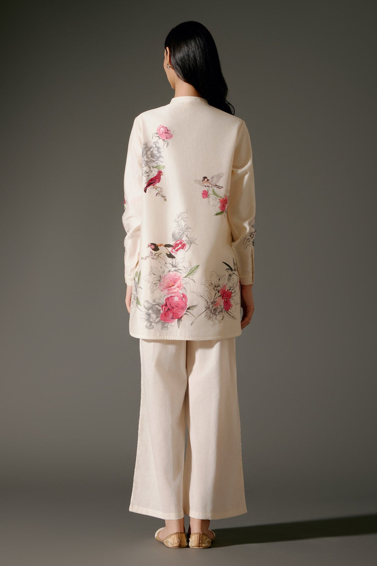 Ivory Printed Chanderi Silk Tunic Set With Embroidery & Volie Palazzo
