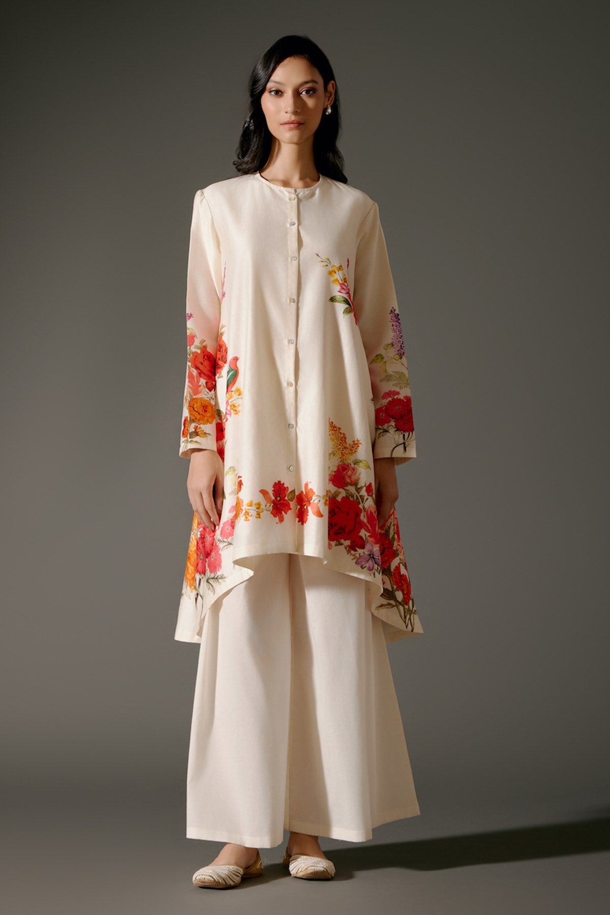 Ivory Flared Chanderi Silk Tunic Set With Embroidery & Volie Palazzo