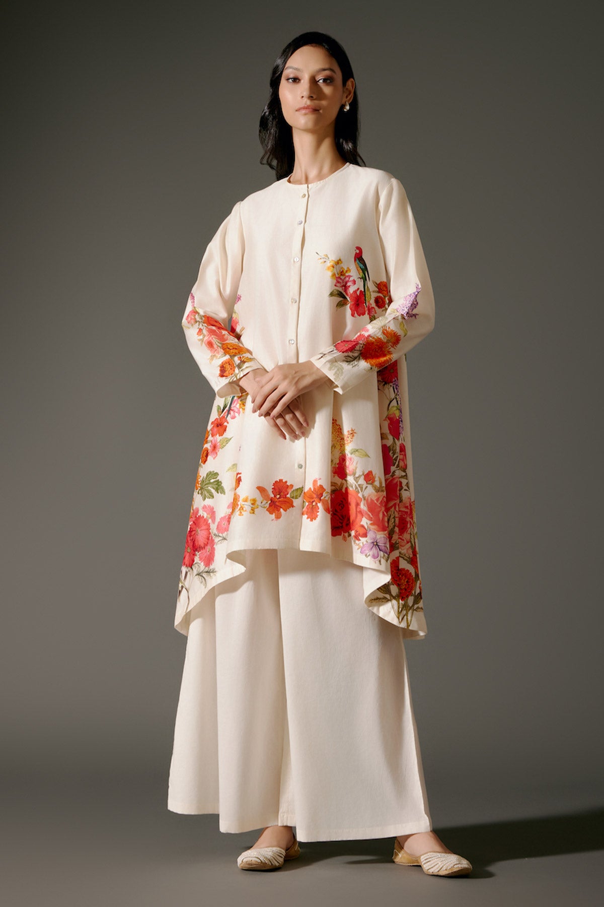 Ivory Flared Chanderi Silk Tunic Set With Embroidery & Volie Palazzo