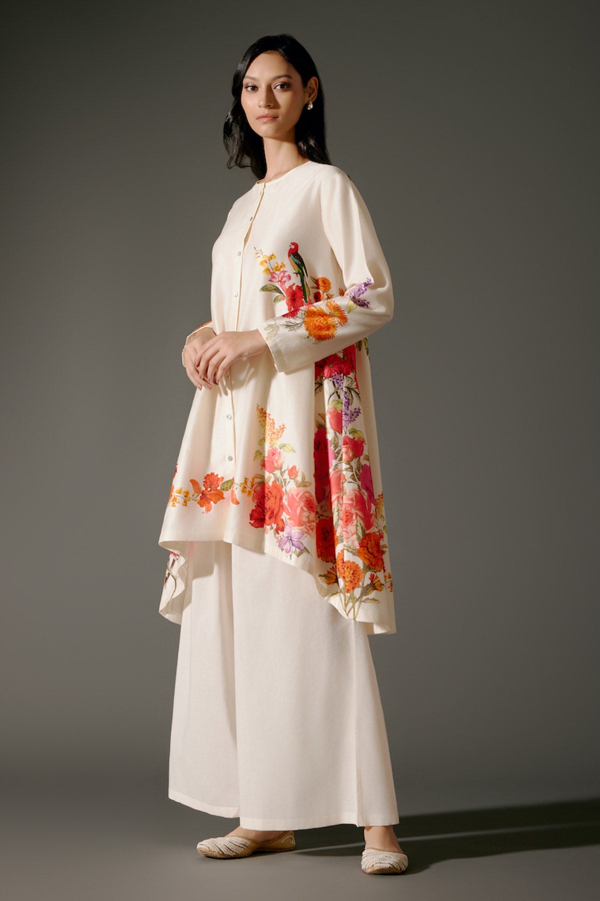Ivory Flared Chanderi Silk Tunic Set With Embroidery & Volie Palazzo