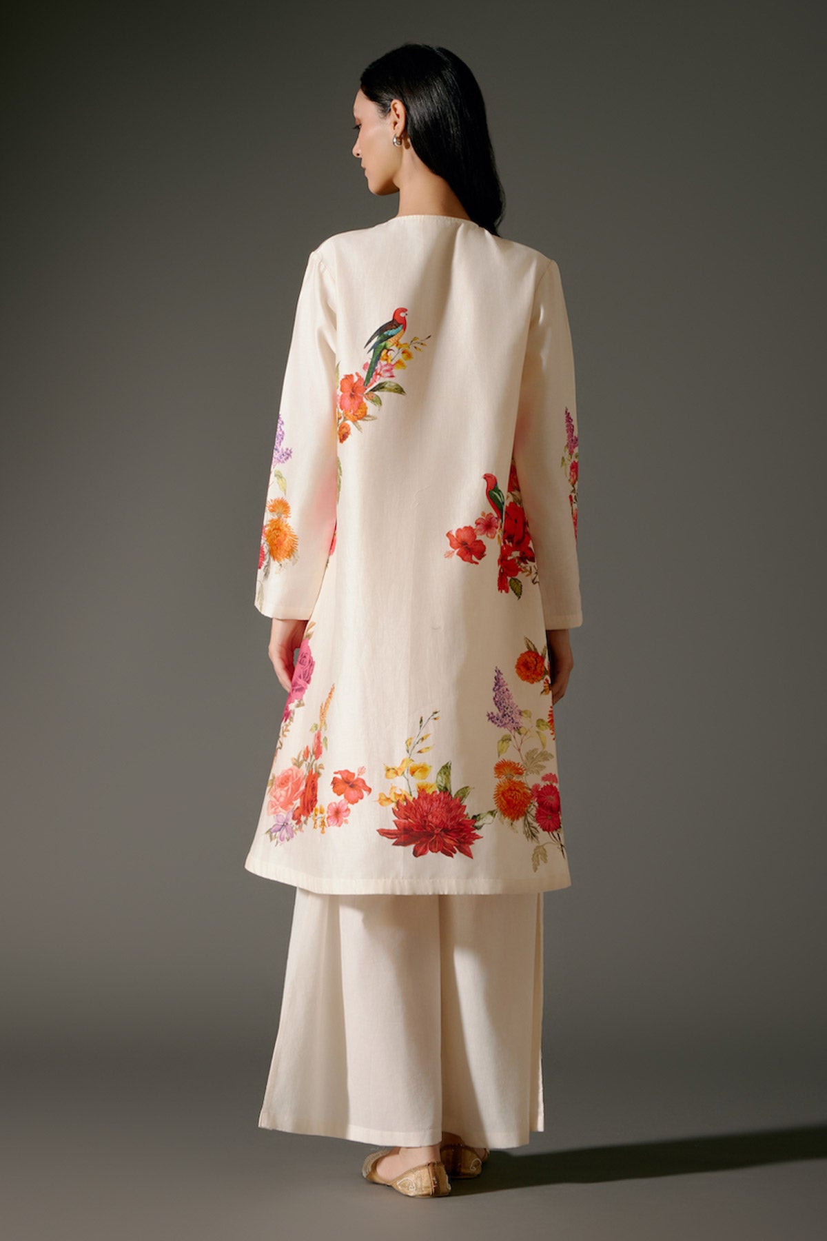 Ivory Flared Chanderi Silk Tunic Set With Embroidery & Volie Palazzo