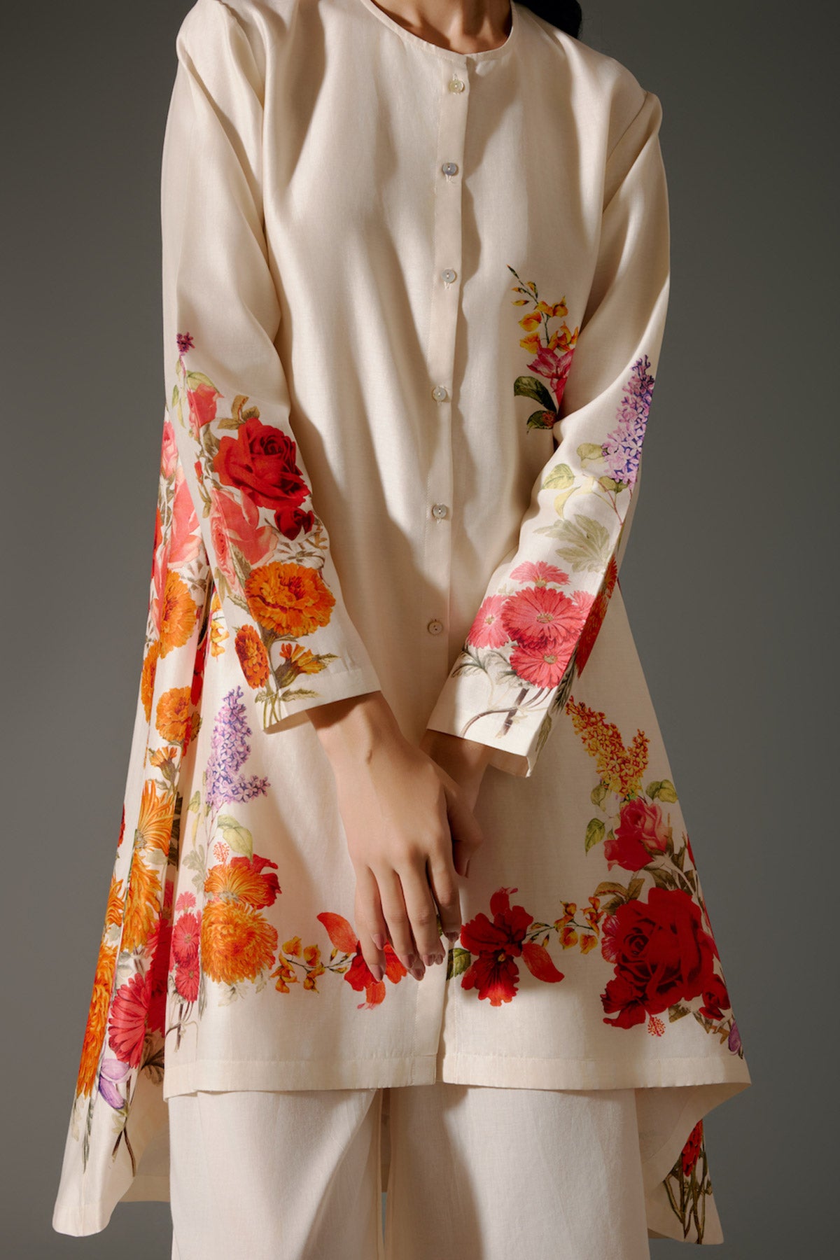 Ivory Flared Chanderi Silk Tunic Set With Embroidery & Volie Palazzo