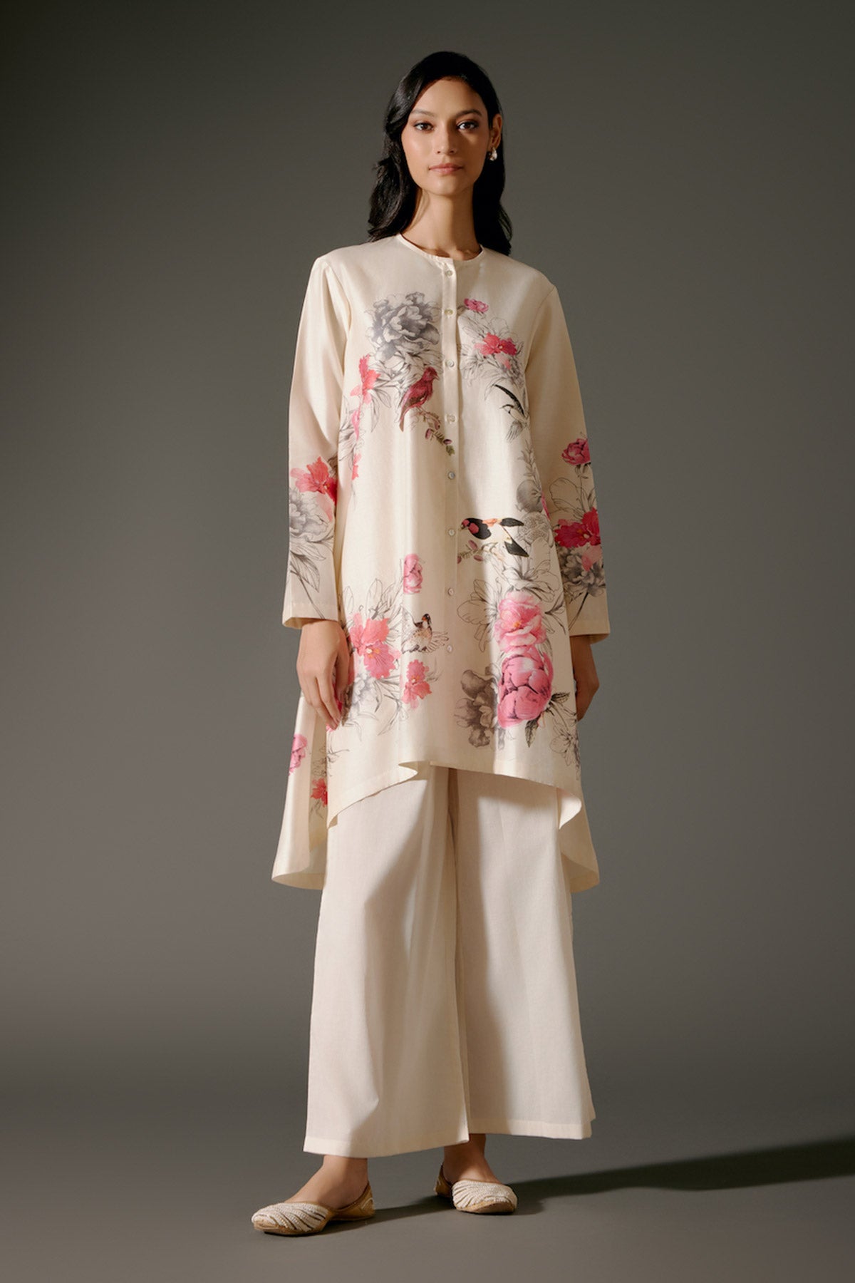 Women Flared Chanderi Silk Tunic Set with Embroidery & Volie Palazzo