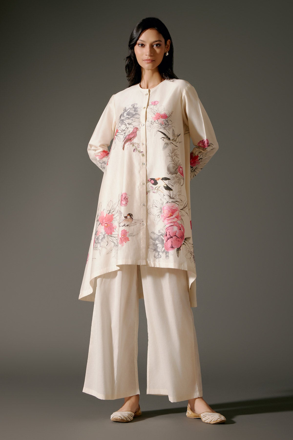 Women Flared Chanderi Silk Tunic Set with Embroidery & Volie Palazzo