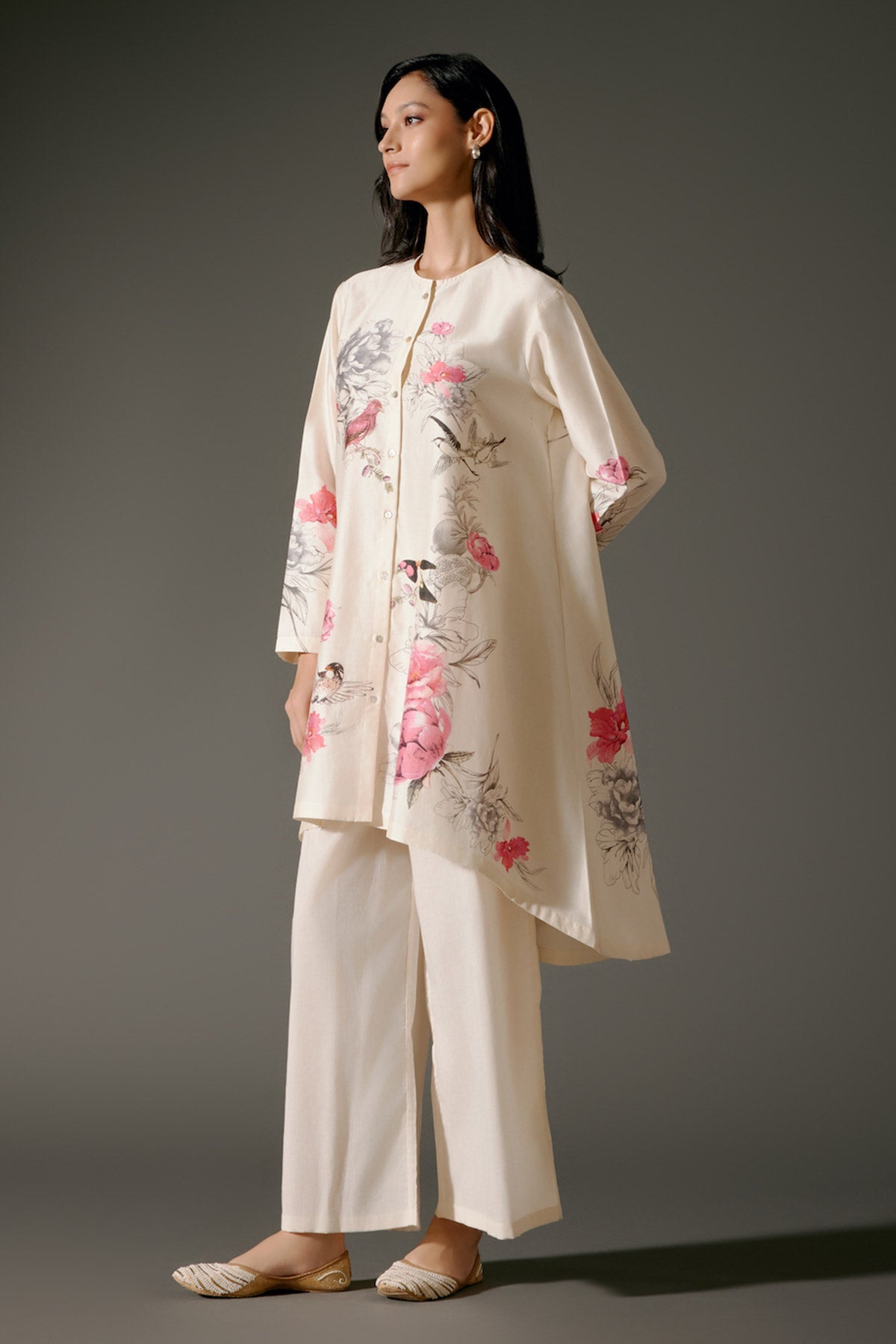 Women Flared Chanderi Silk Tunic Set with Embroidery & Volie Palazzo