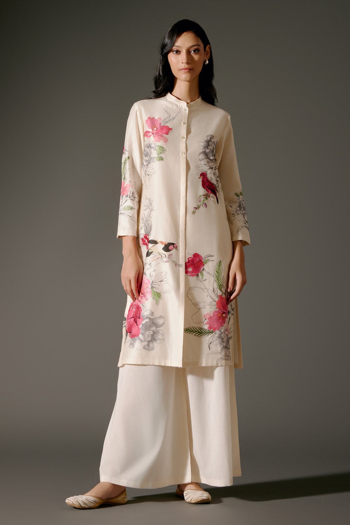 Ivory Chanderi Kurta Set With Embroidery & Volie Palazzo