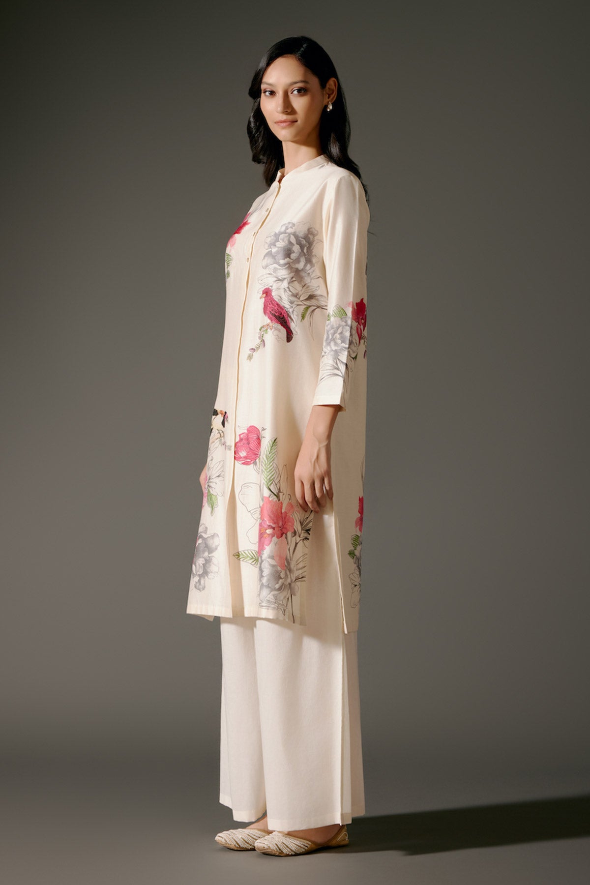 Ivory Chanderi Kurta Set With Embroidery & Volie Palazzo