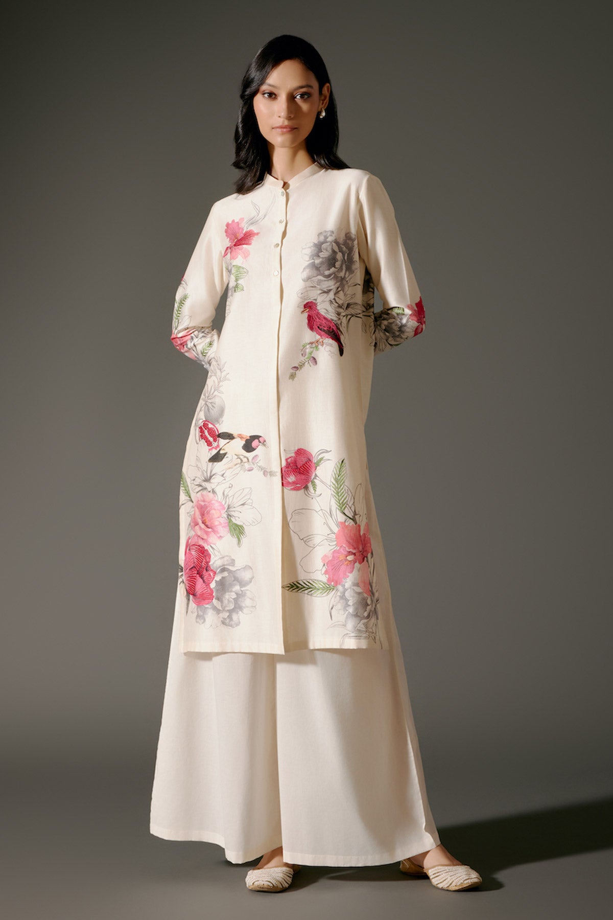 Ivory Chanderi Kurta Set With Embroidery & Volie Palazzo