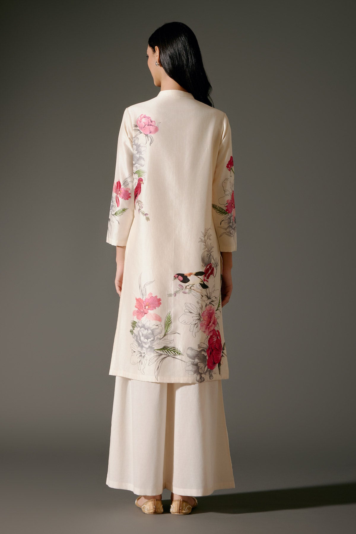 Ivory Chanderi Kurta Set With Embroidery & Volie Palazzo