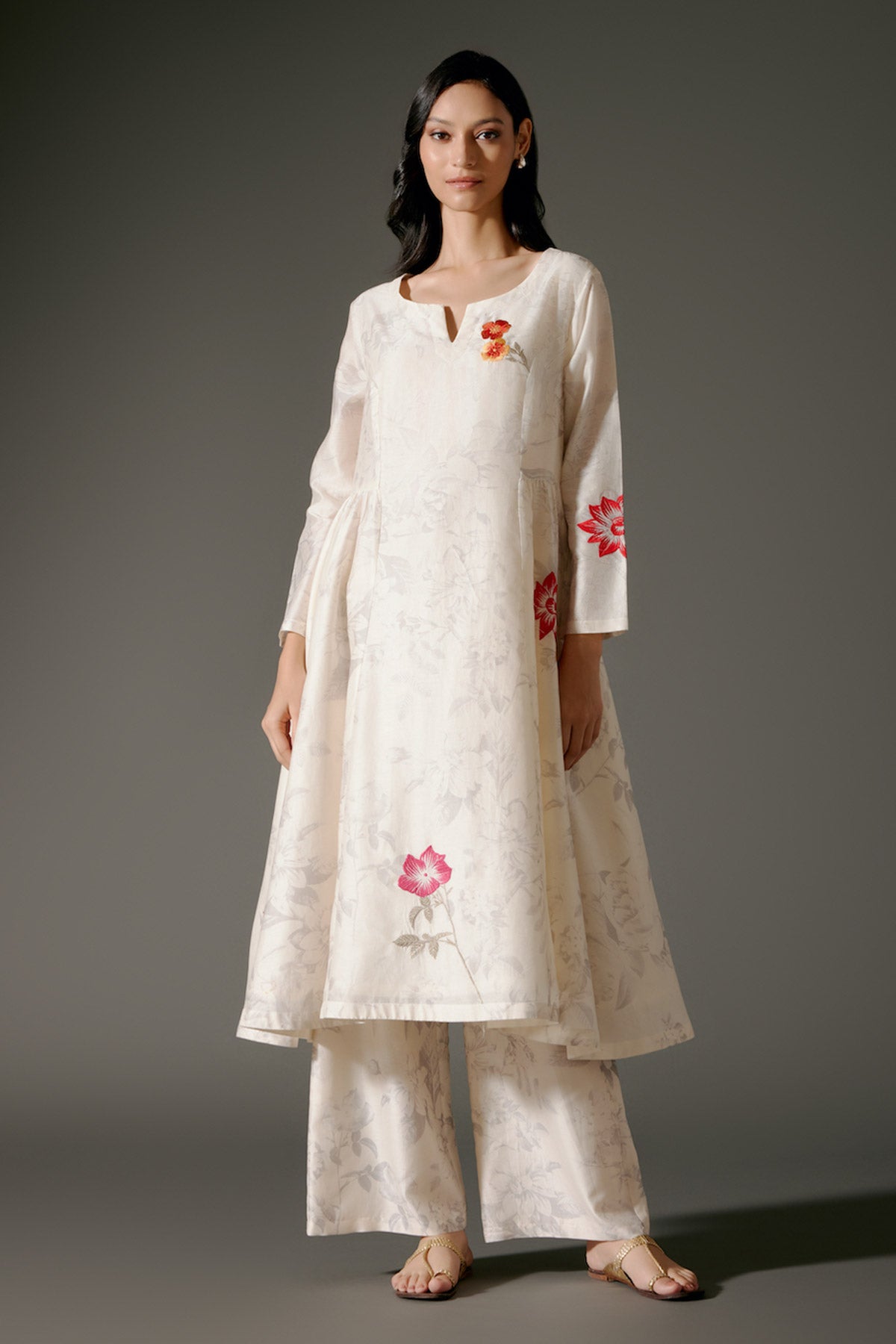 Ivory Flared Chanderi Silk Tunic Set With Embroidery