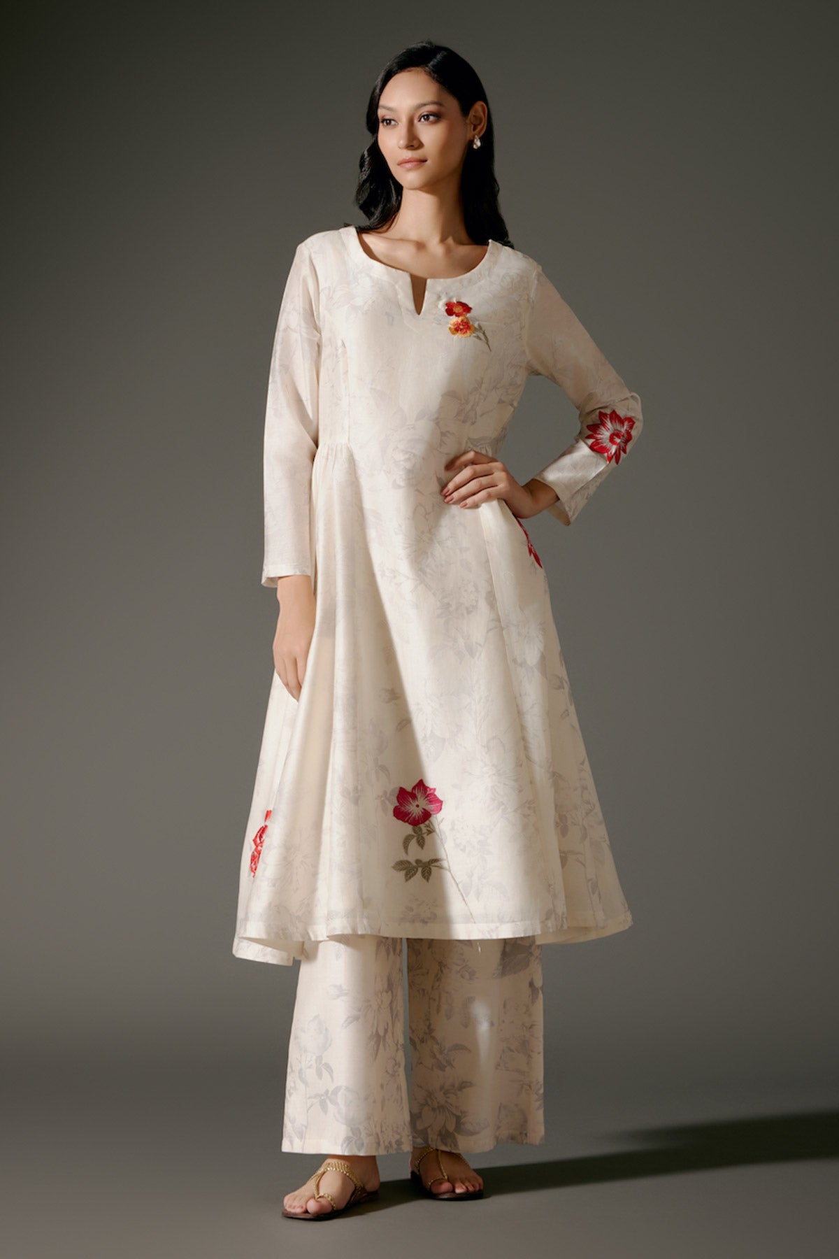 Ivory Flared Chanderi Silk Tunic Set With Embroidery